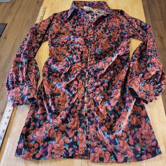 Fate Size Small Floral Pink Corduroy Collard Shirt Dress Gathered Button Down - Picture 1 of 14